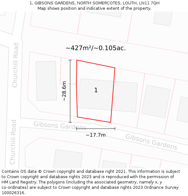 1, GIBSONS GARDENS, NORTH SOMERCOTES, LOUTH, LN11 7QH: Plot and title map