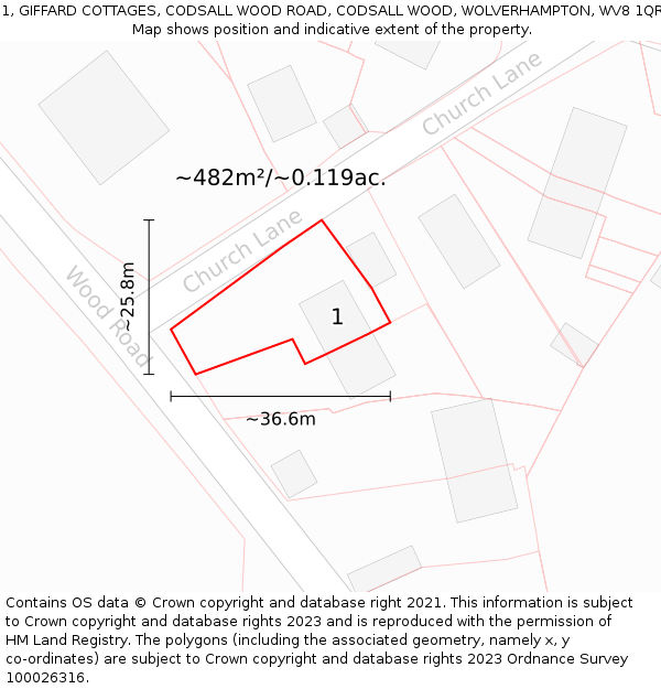 1, GIFFARD COTTAGES, CODSALL WOOD ROAD, CODSALL WOOD, WOLVERHAMPTON, WV8 1QR: Plot and title map