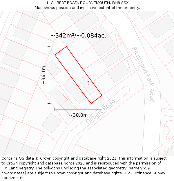 1, GILBERT ROAD, BOURNEMOUTH, BH8 8SX: Plot and title map