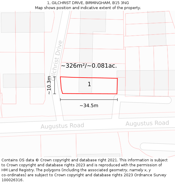 1, GILCHRIST DRIVE, BIRMINGHAM, B15 3NG: Plot and title map
