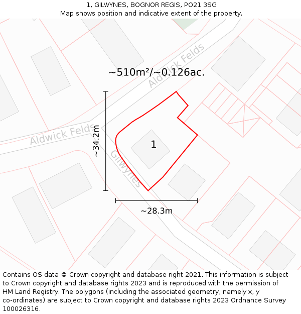 1, GILWYNES, BOGNOR REGIS, PO21 3SG: Plot and title map