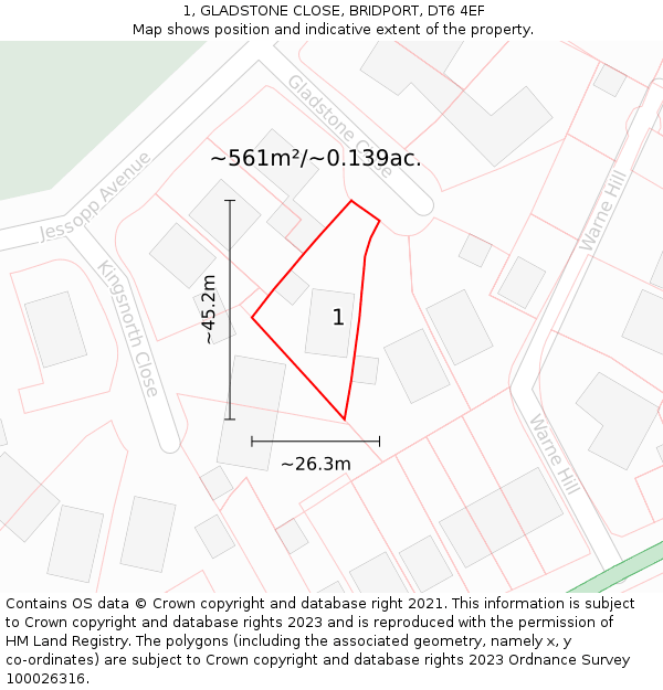 1, GLADSTONE CLOSE, BRIDPORT, DT6 4EF: Plot and title map