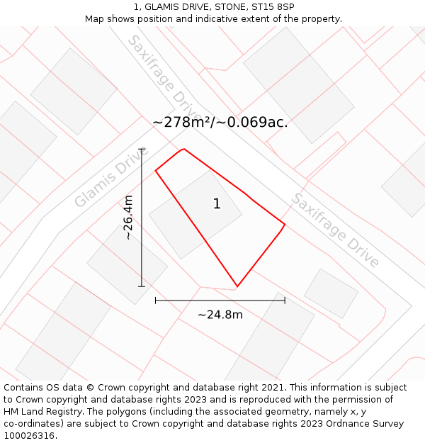 1, GLAMIS DRIVE, STONE, ST15 8SP: Plot and title map