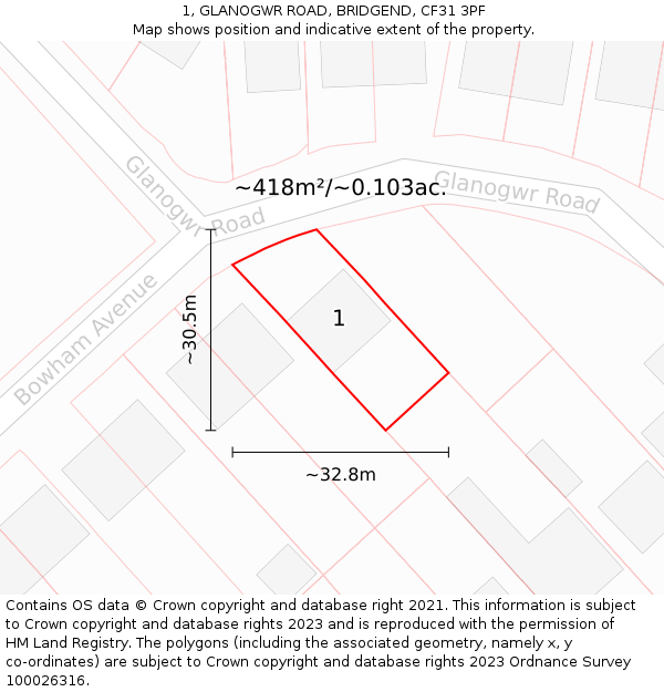 1, GLANOGWR ROAD, BRIDGEND, CF31 3PF: Plot and title map