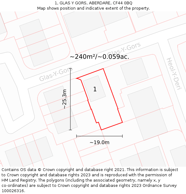 1, GLAS Y GORS, ABERDARE, CF44 0BQ: Plot and title map