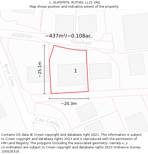 1, GLASFRYN, RUTHIN, LL15 1RQ: Plot and title map