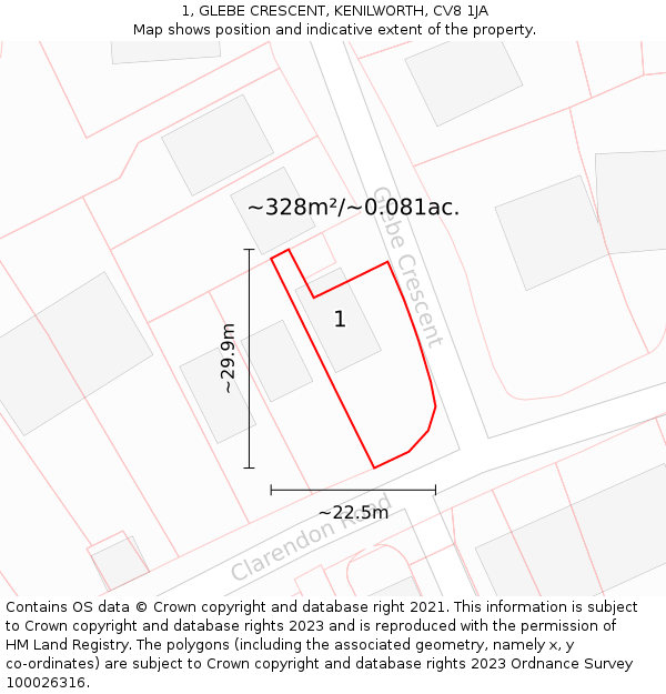 1, GLEBE CRESCENT, KENILWORTH, CV8 1JA: Plot and title map