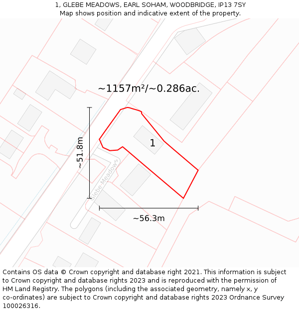 1, GLEBE MEADOWS, EARL SOHAM, WOODBRIDGE, IP13 7SY: Plot and title map