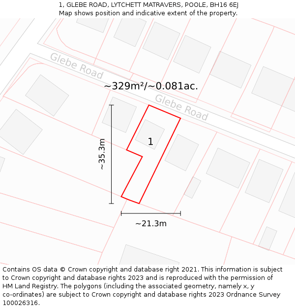 1, GLEBE ROAD, LYTCHETT MATRAVERS, POOLE, BH16 6EJ: Plot and title map