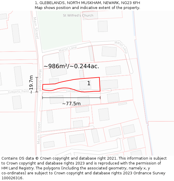 1, GLEBELANDS, NORTH MUSKHAM, NEWARK, NG23 6FH: Plot and title map