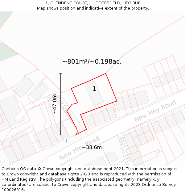 1, GLENDENE COURT, HUDDERSFIELD, HD3 3UP: Plot and title map