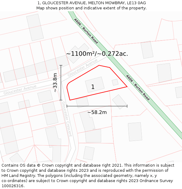 1, GLOUCESTER AVENUE, MELTON MOWBRAY, LE13 0AG: Plot and title map