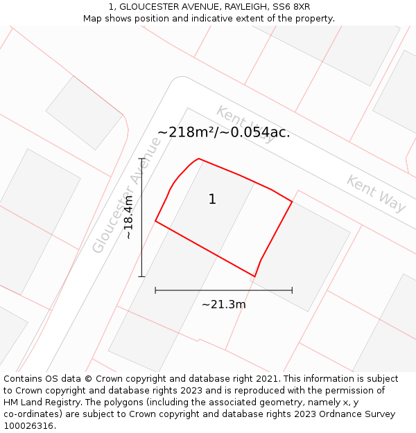 1, GLOUCESTER AVENUE, RAYLEIGH, SS6 8XR: Plot and title map