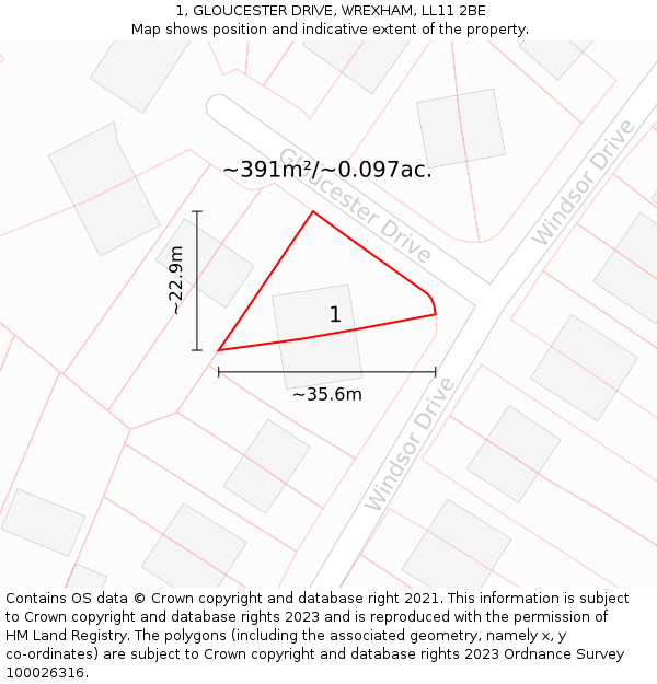 1, GLOUCESTER DRIVE, WREXHAM, LL11 2BE: Plot and title map