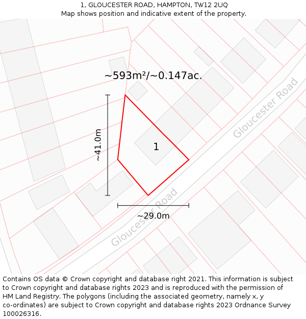 1, GLOUCESTER ROAD, HAMPTON, TW12 2UQ: Plot and title map