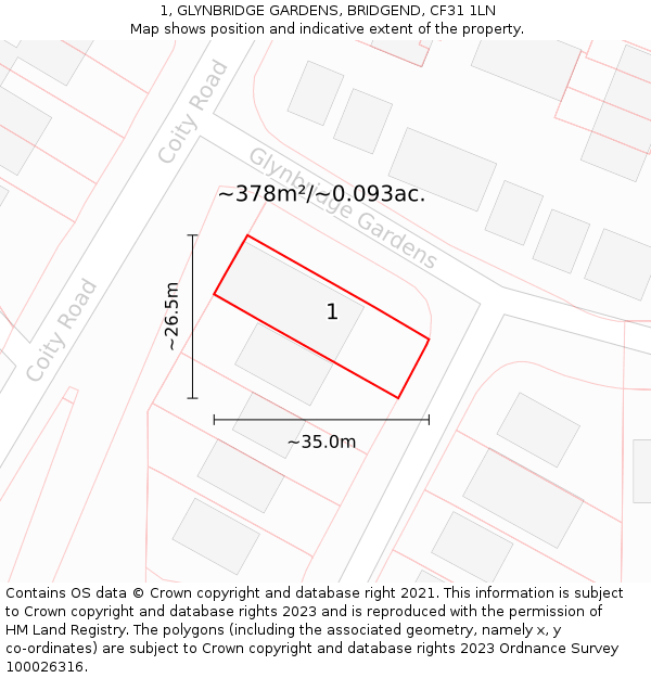 1, GLYNBRIDGE GARDENS, BRIDGEND, CF31 1LN: Plot and title map