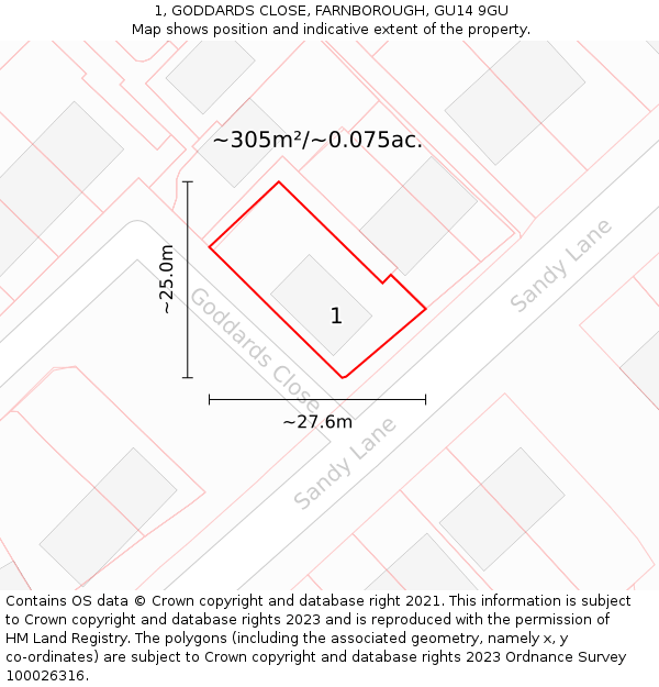 1, GODDARDS CLOSE, FARNBOROUGH, GU14 9GU: Plot and title map