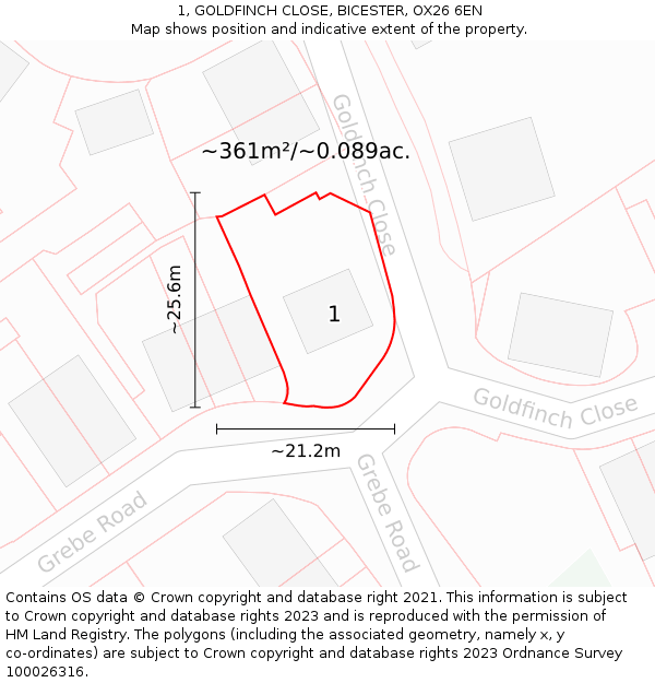 1, GOLDFINCH CLOSE, BICESTER, OX26 6EN: Plot and title map