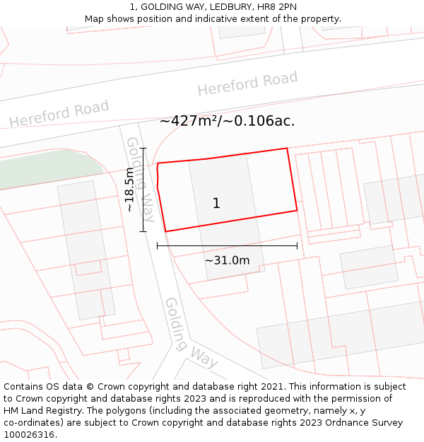 1, GOLDING WAY, LEDBURY, HR8 2PN: Plot and title map