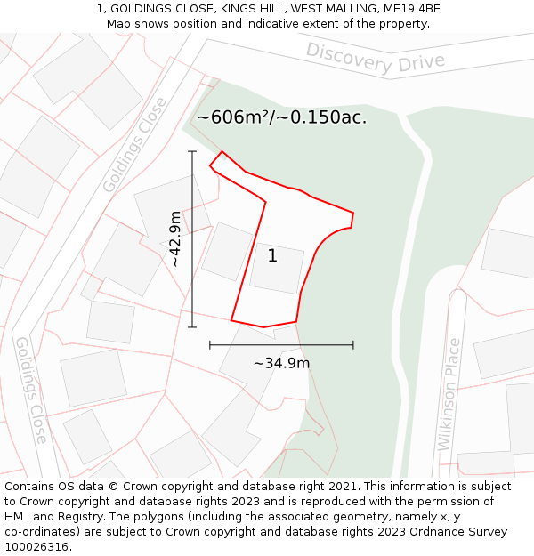 1, GOLDINGS CLOSE, KINGS HILL, WEST MALLING, ME19 4BE: Plot and title map