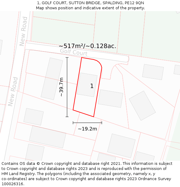 1, GOLF COURT, SUTTON BRIDGE, SPALDING, PE12 9QN: Plot and title map