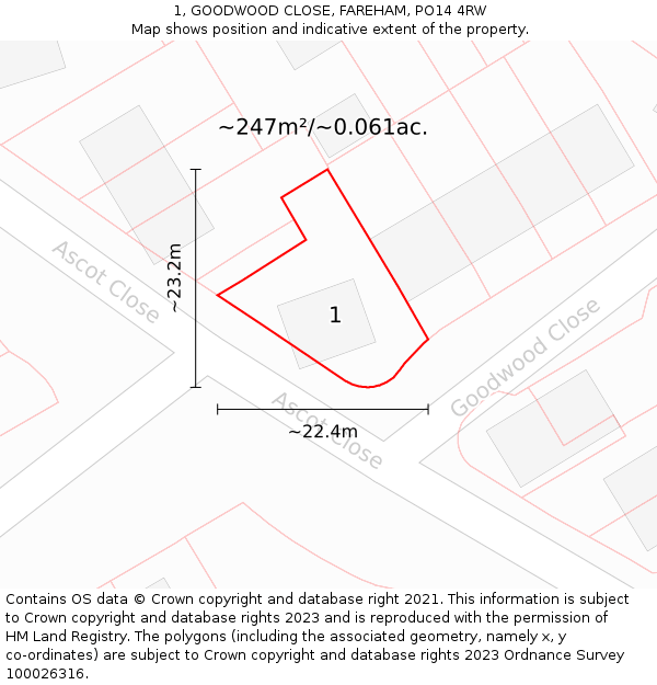 1, GOODWOOD CLOSE, FAREHAM, PO14 4RW: Plot and title map
