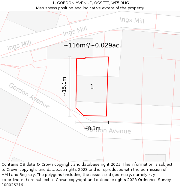 1, GORDON AVENUE, OSSETT, WF5 9HG: Plot and title map