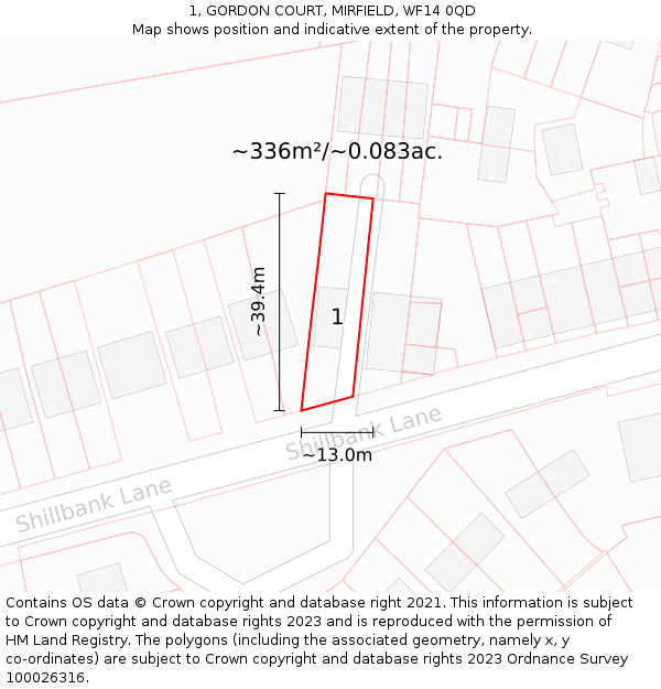 1, GORDON COURT, MIRFIELD, WF14 0QD: Plot and title map