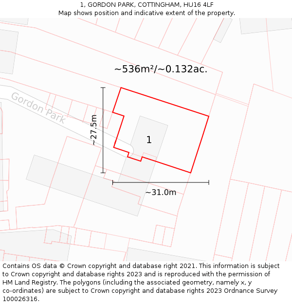 1, GORDON PARK, COTTINGHAM, HU16 4LF: Plot and title map