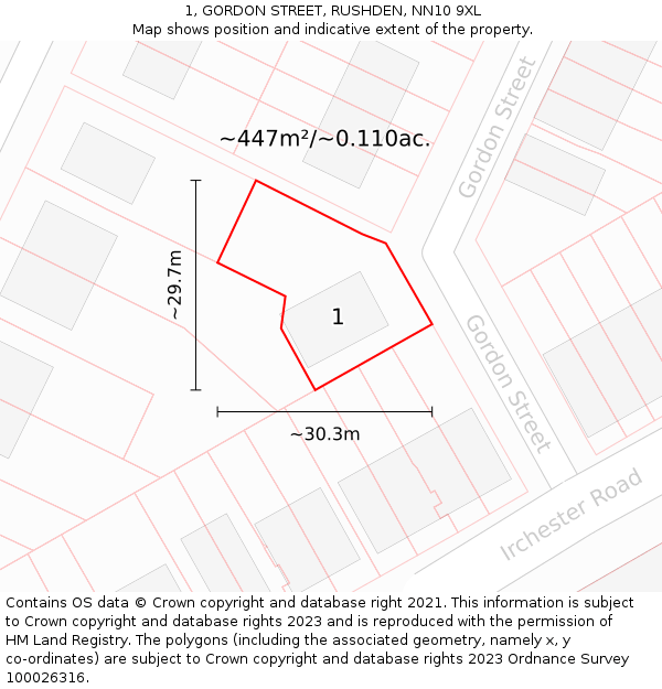 1, GORDON STREET, RUSHDEN, NN10 9XL: Plot and title map