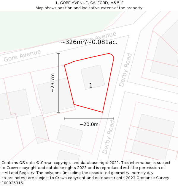 1, GORE AVENUE, SALFORD, M5 5LF: Plot and title map