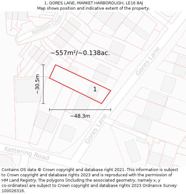 1, GORES LANE, MARKET HARBOROUGH, LE16 8AJ: Plot and title map