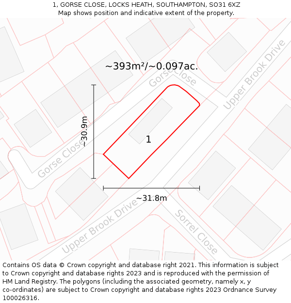 1, GORSE CLOSE, LOCKS HEATH, SOUTHAMPTON, SO31 6XZ: Plot and title map