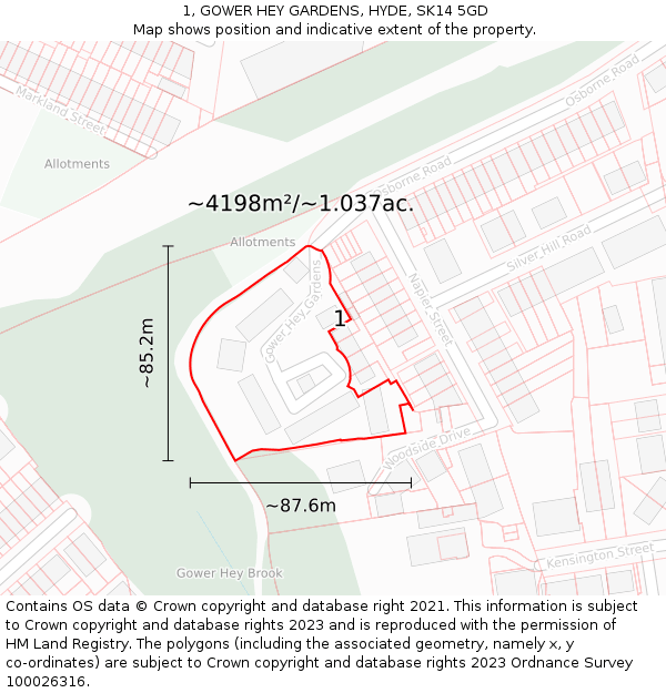 1, GOWER HEY GARDENS, HYDE, SK14 5GD: Plot and title map