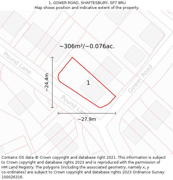 1, GOWER ROAD, SHAFTESBURY, SP7 8RU: Plot and title map