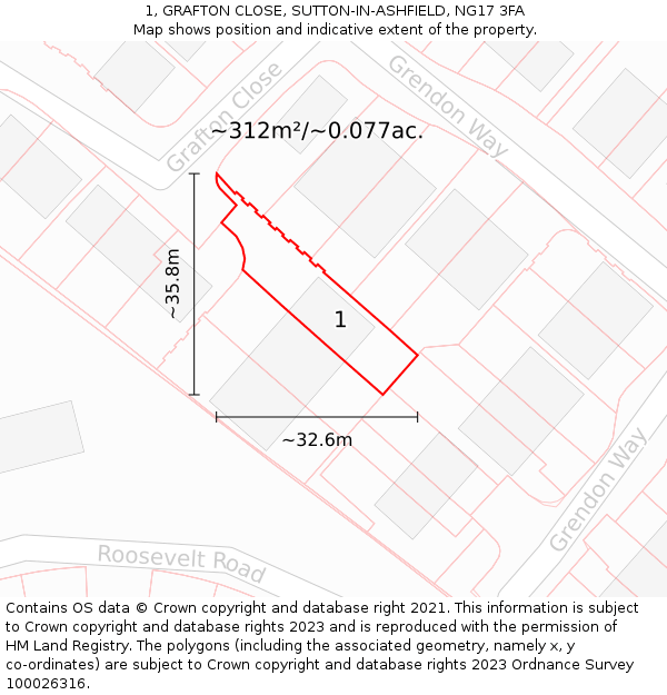 1, GRAFTON CLOSE, SUTTON-IN-ASHFIELD, NG17 3FA: Plot and title map