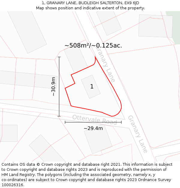 1, GRANARY LANE, BUDLEIGH SALTERTON, EX9 6JD: Plot and title map