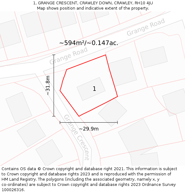 1, GRANGE CRESCENT, CRAWLEY DOWN, CRAWLEY, RH10 4JU: Plot and title map