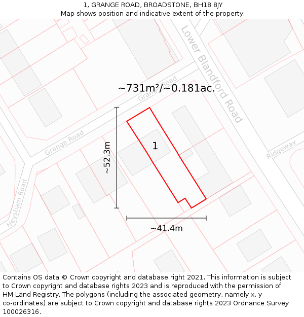 1, GRANGE ROAD, BROADSTONE, BH18 8JY: Plot and title map