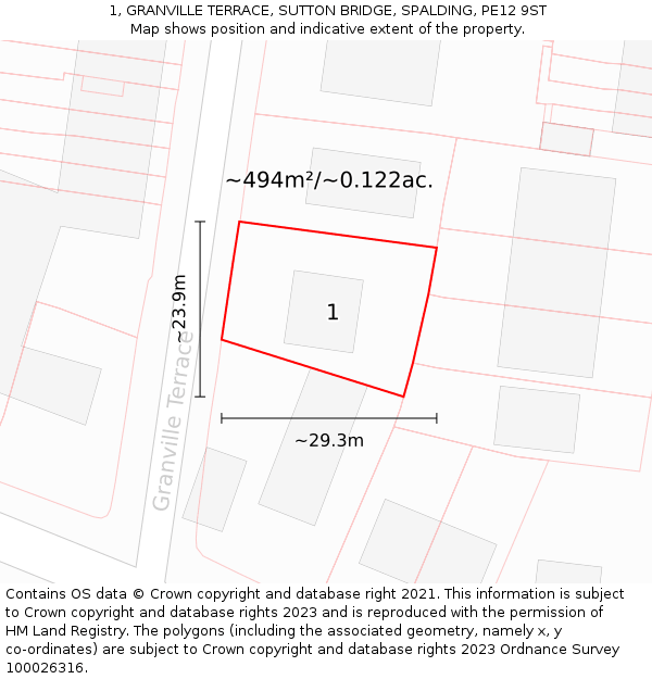 1, GRANVILLE TERRACE, SUTTON BRIDGE, SPALDING, PE12 9ST: Plot and title map