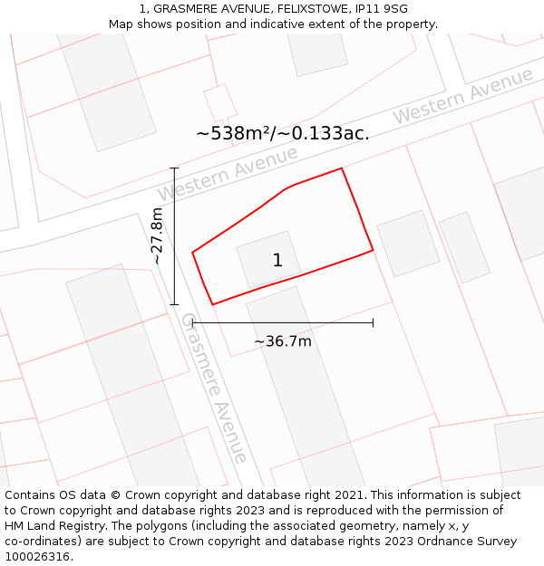 1, GRASMERE AVENUE, FELIXSTOWE, IP11 9SG: Plot and title map