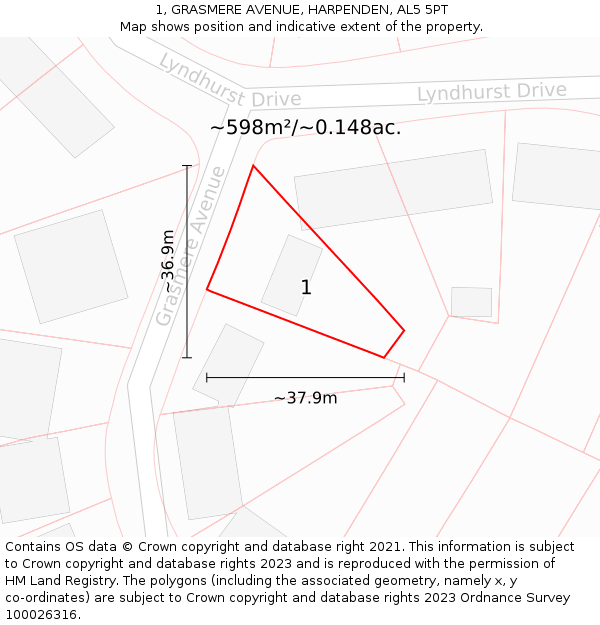 1, GRASMERE AVENUE, HARPENDEN, AL5 5PT: Plot and title map