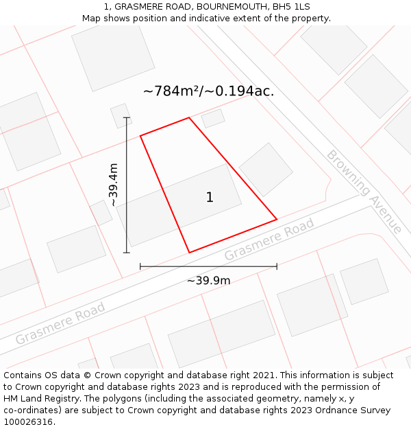 1, GRASMERE ROAD, BOURNEMOUTH, BH5 1LS: Plot and title map