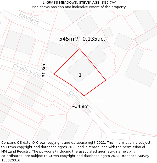 1, GRASS MEADOWS, STEVENAGE, SG2 7AY: Plot and title map