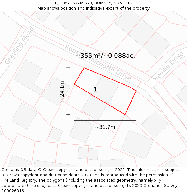 1, GRAYLING MEAD, ROMSEY, SO51 7RU: Plot and title map