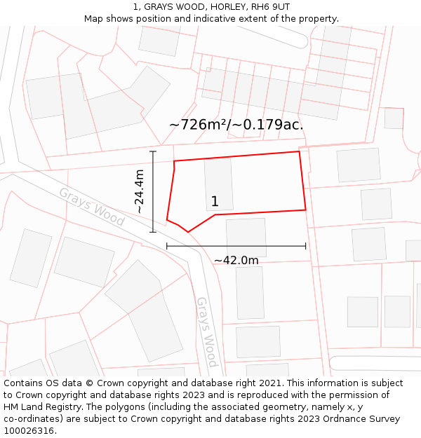 1, GRAYS WOOD, HORLEY, RH6 9UT: Plot and title map