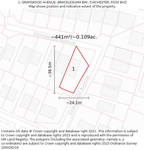 1, GRAYSWOOD AVENUE, BRACKLESHAM BAY, CHICHESTER, PO20 8HZ: Plot and title map