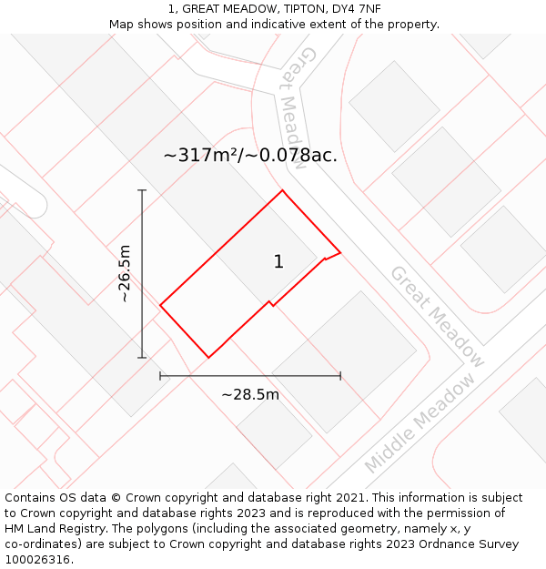 1, GREAT MEADOW, TIPTON, DY4 7NF: Plot and title map