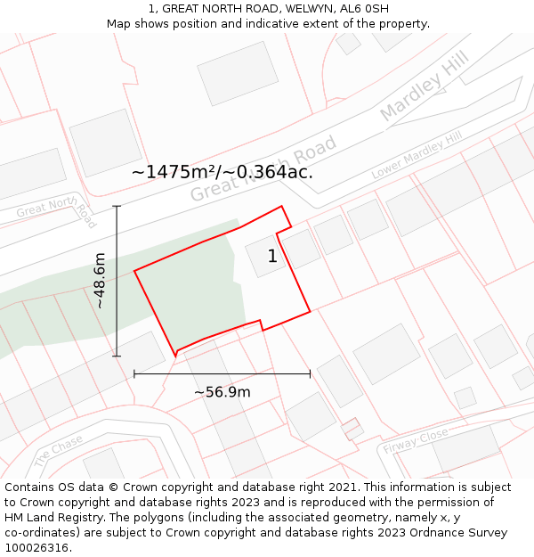 1, GREAT NORTH ROAD, WELWYN, AL6 0SH: Plot and title map