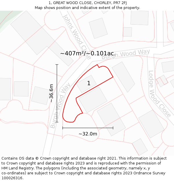 1, GREAT WOOD CLOSE, CHORLEY, PR7 2FJ: Plot and title map